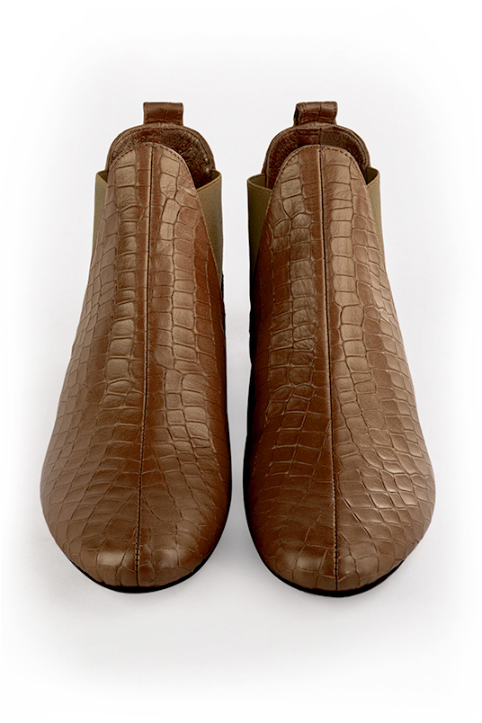 Caramel brown women's ankle boots, with elastics. Round toe. Flat block heels. Top view - Florence KOOIJMAN